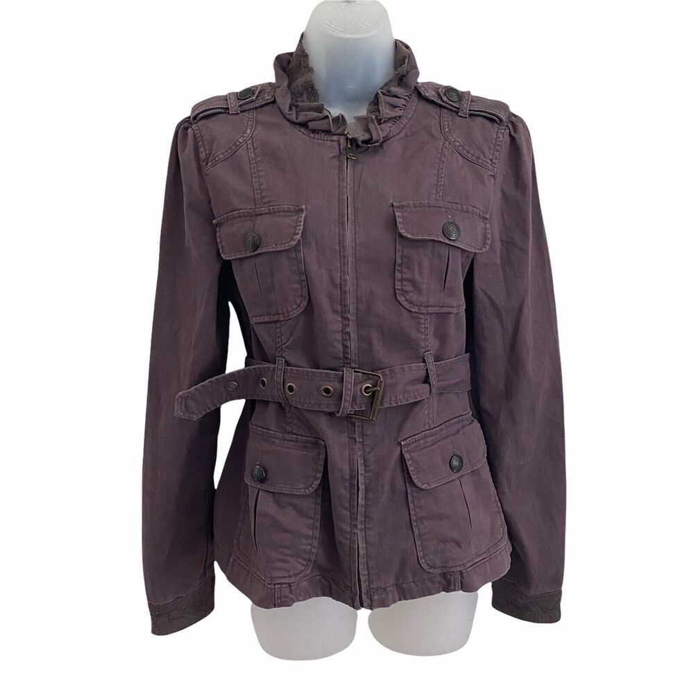 Sanctuary Small Basic Jacket Chocolate Brown Full Zip Front Belted Lace Collar